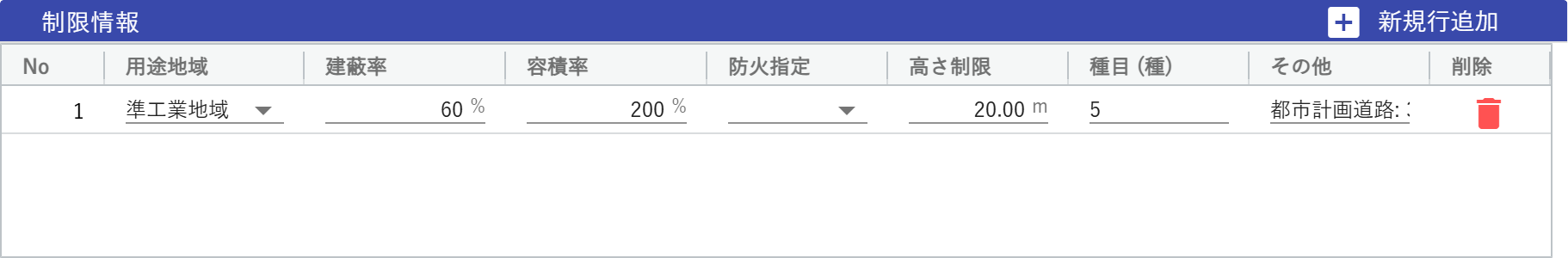 制限情報の入力画面