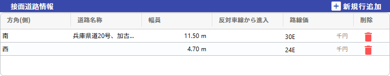 接面道路情報の入力画面